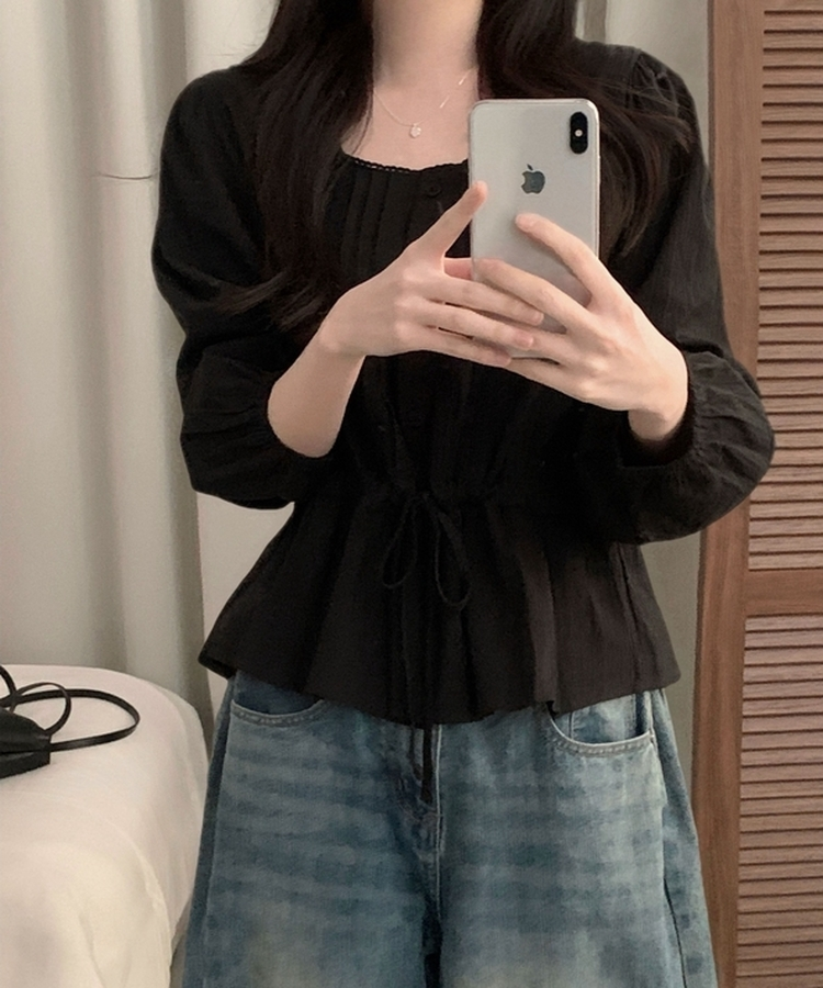 레이스 프릴 허리잘록 스트링 긴팔블라우스 블랙