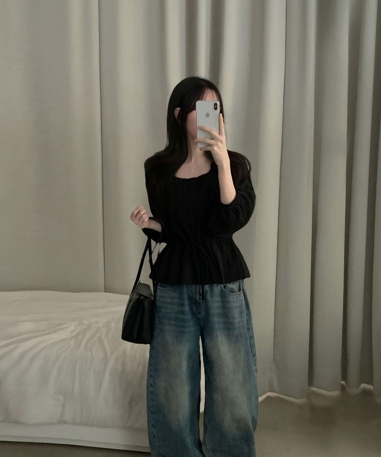 레이스 프릴 허리잘록 스트링 긴팔블라우스 블랙