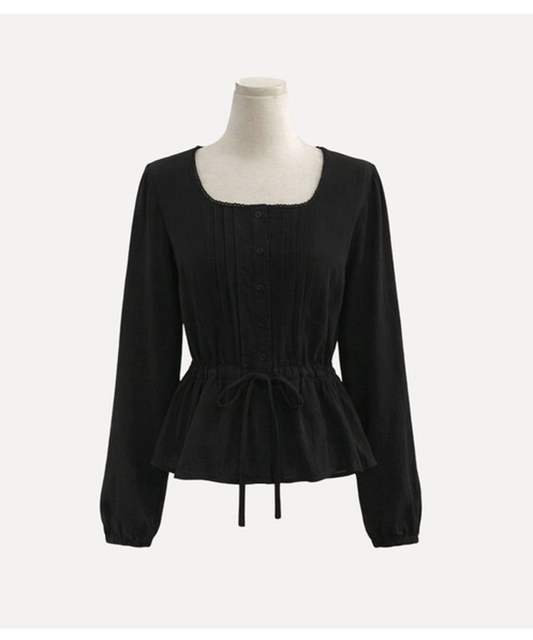 레이스 프릴 허리잘록 스트링 긴팔블라우스