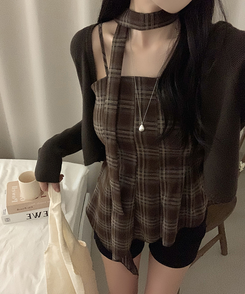 【SET】【マフラー付き】チェックキャミソール＋カーディガン BROWN