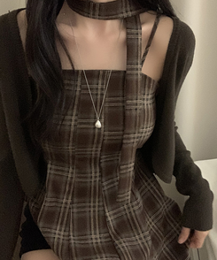 【SET】【マフラー付き】チェックキャミソール＋カーディガン BROWN