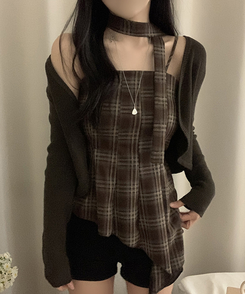 【SET】【マフラー付き】チェックキャミソール＋カーディガン BROWN