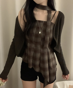 【SET】【マフラー付き】チェックキャミソール＋カーディガン BROWN