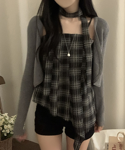 【SET】【マフラー付き】チェックキャミソール＋カーディガン GREY