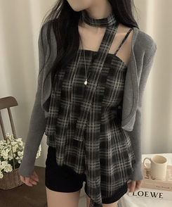 【SET】【マフラー付き】チェックキャミソール＋カーディガン GREY