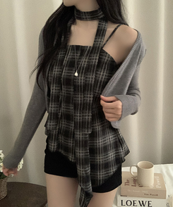 【SET】【マフラー付き】チェックキャミソール＋カーディガン GREY