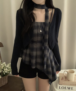 【SET】【マフラー付き】チェックキャミソール＋カーディガン NAVY