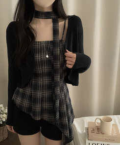 【SET】【マフラー付き】チェックキャミソール＋カーディガン NAVY