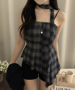 【SET】【マフラー付き】チェックキャミソール＋カーディガン NAVY