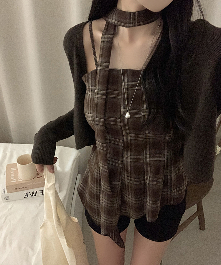 【SET】【マフラー付き】チェックキャミソール＋カーディガン BROWN