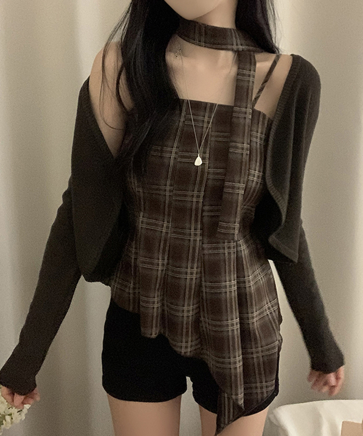 【SET】【マフラー付き】チェックキャミソール＋カーディガン BROWN