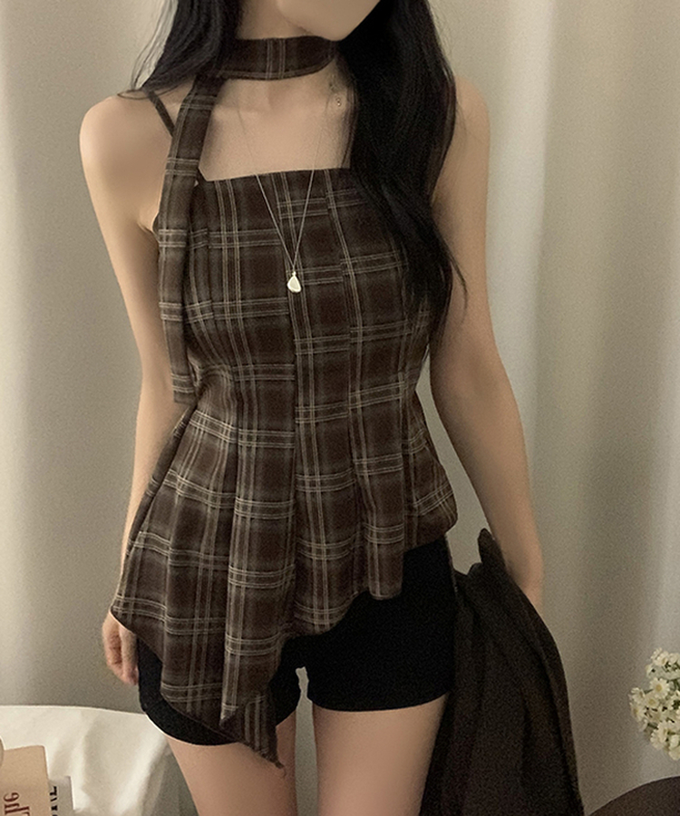 【SET】【マフラー付き】チェックキャミソール＋カーディガン BROWN