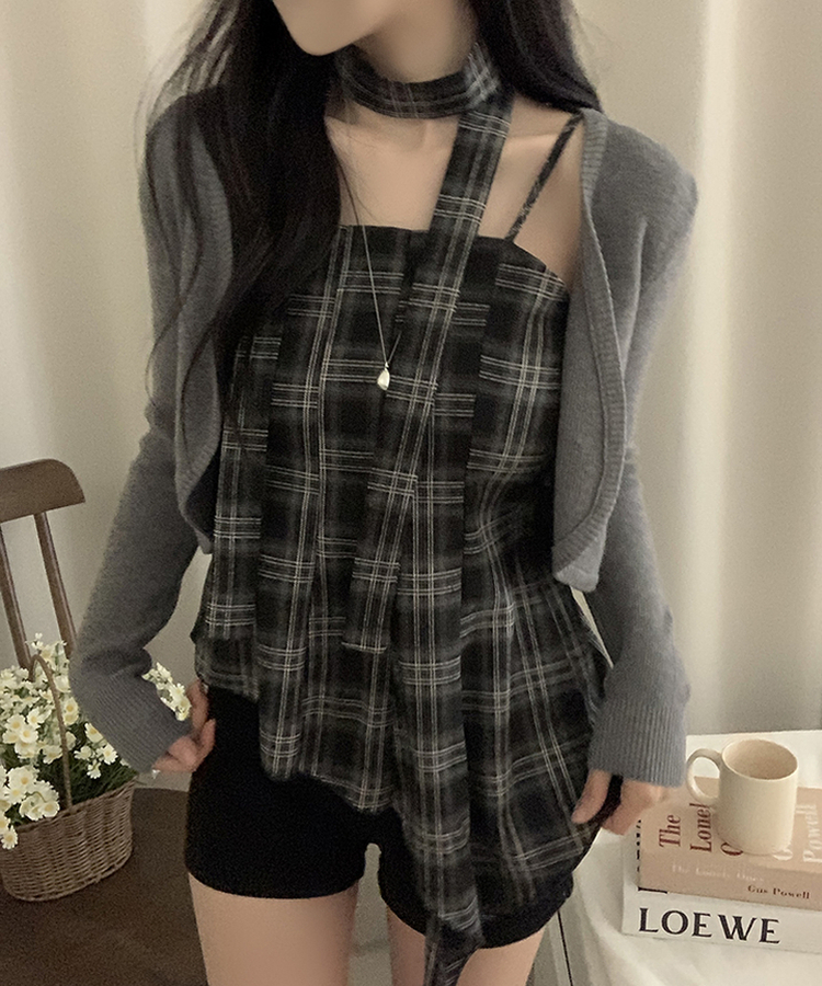 【SET】【マフラー付き】チェックキャミソール＋カーディガン GREY