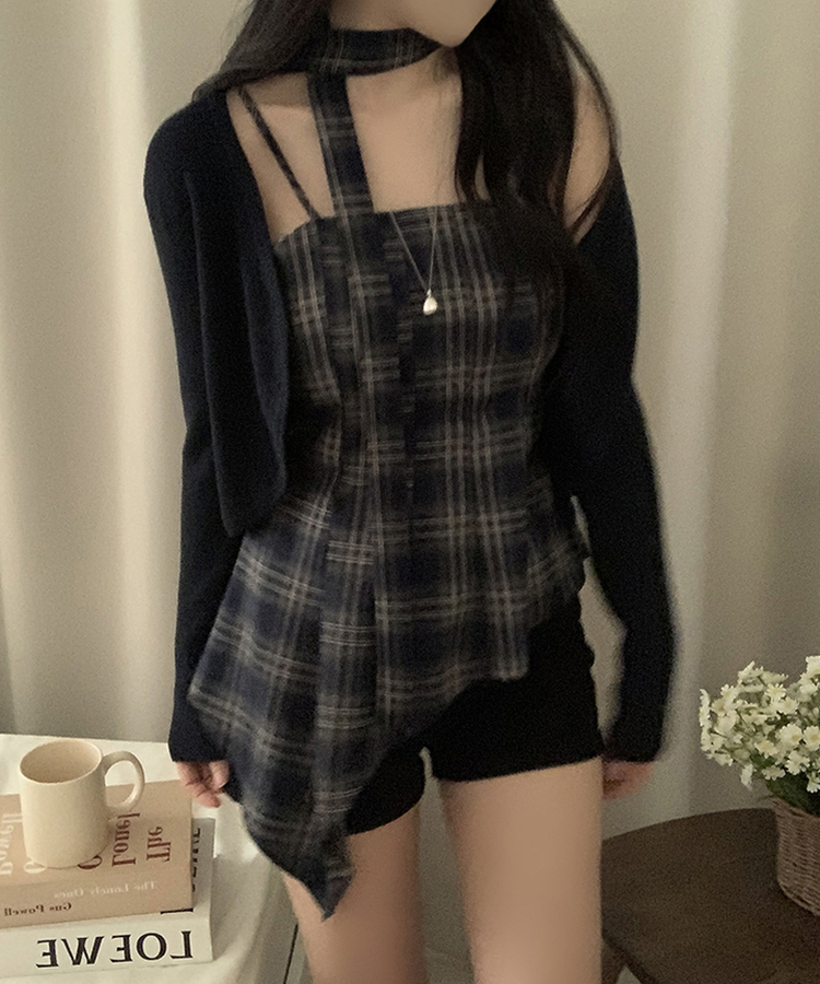【SET】【マフラー付き】チェックキャミソール＋カーディガン NAVY