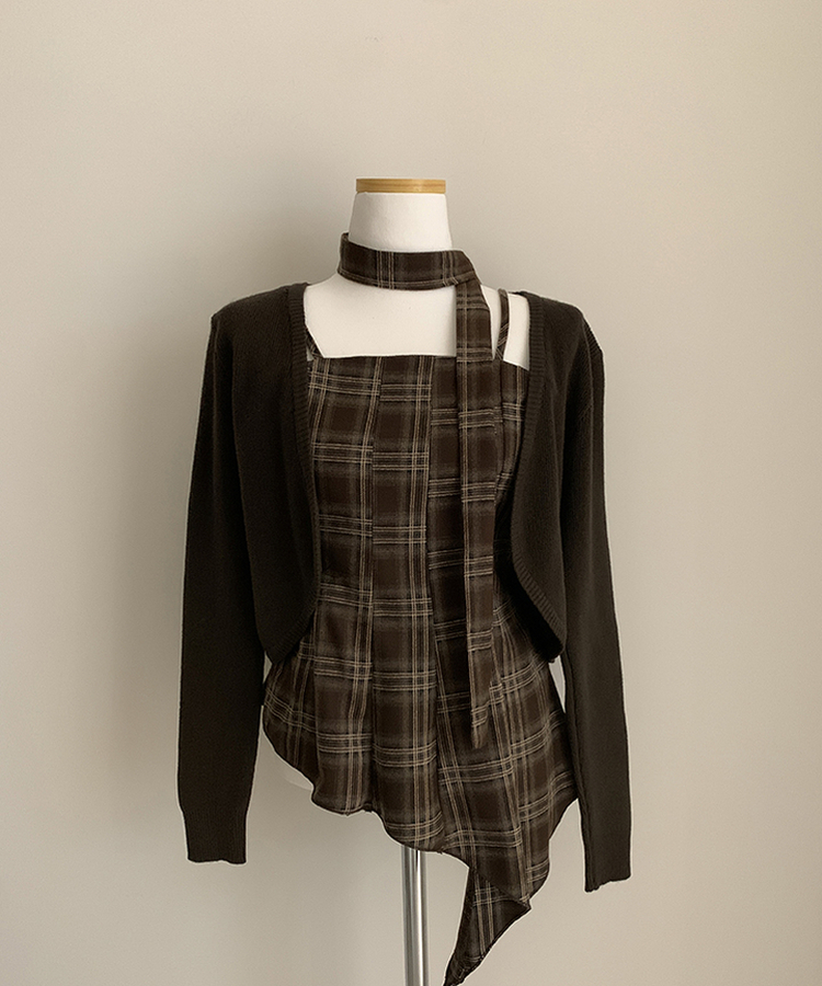 【SET】【マフラー付き】チェックキャミソール＋カーディガン