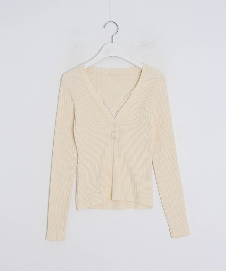 레이스 레이어드 브이넥 니트