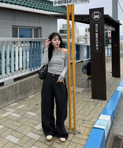 アンバランスリボンストラップTシャツ GRAY