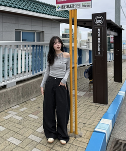 アンバランスリボンストラップTシャツ GRAY