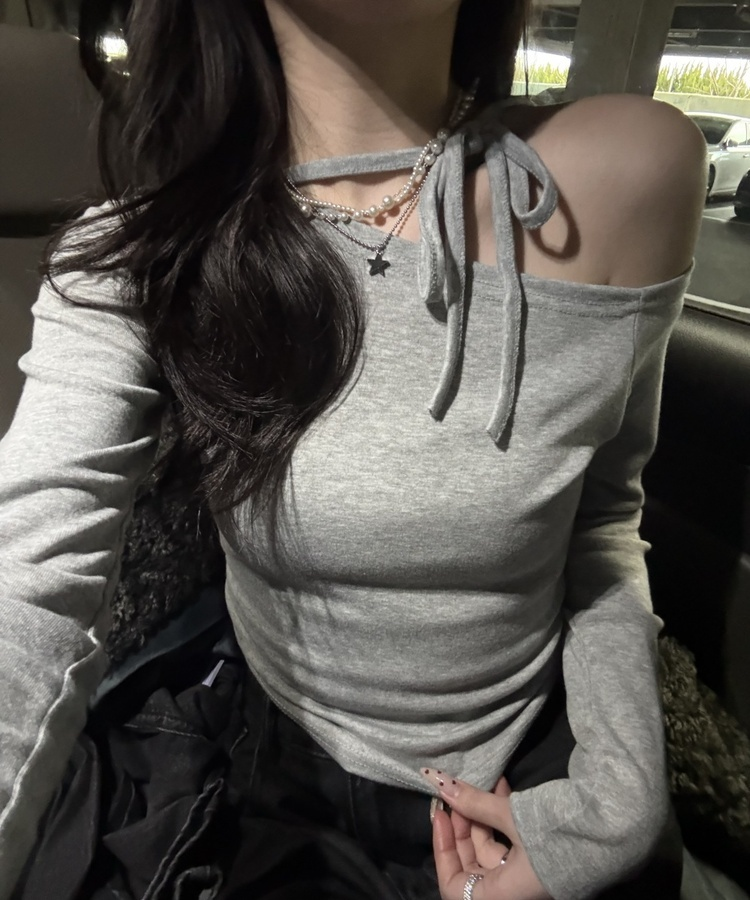 アンバランスリボンストラップTシャツ GRAY