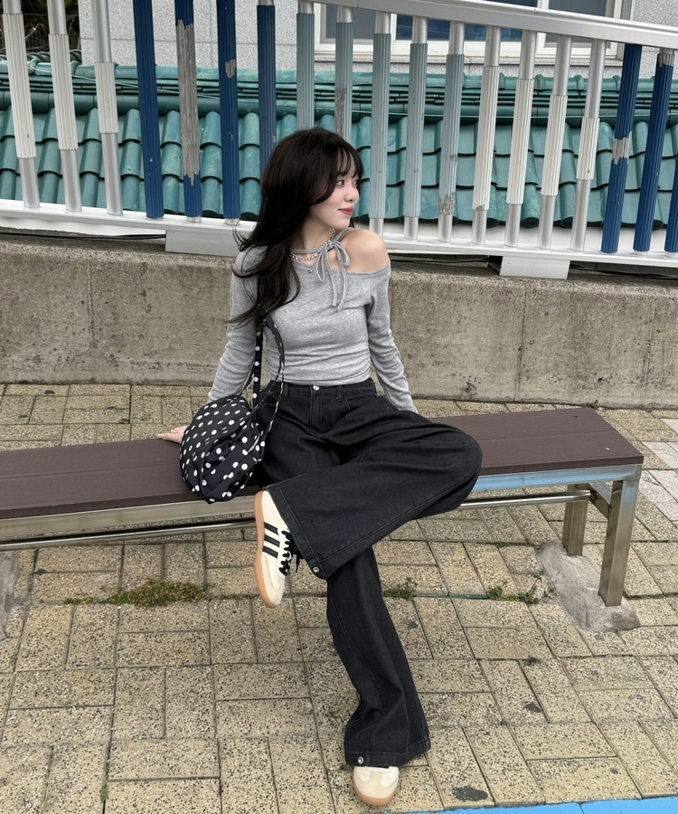 アンバランスリボンストラップTシャツ GRAY