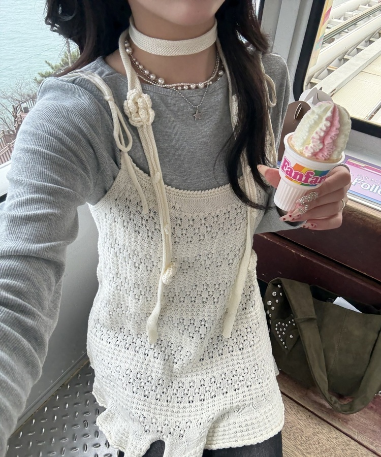 【SET】かぎ編みニットワンピース＋タイ IVORY