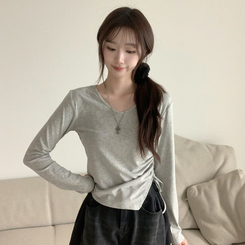 Vネックシアリングセミクロップ長袖Tシャツ GREY