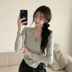 Vネックシアリングセミクロップ長袖Tシャツ GREY