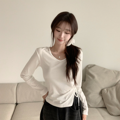 Vネックシアリングセミクロップ長袖Tシャツ WHITE