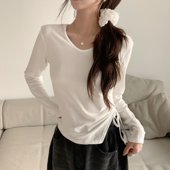 Vネックシアリングセミクロップ長袖Tシャツ WHITE