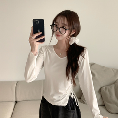 Vネックシアリングセミクロップ長袖Tシャツ WHITE