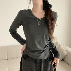 Vネックシアリングセミクロップ長袖Tシャツ CHARCOAL