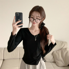 Vネックシアリングセミクロップ長袖Tシャツ BLACK