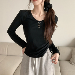 Vネックシアリングセミクロップ長袖Tシャツ BLACK