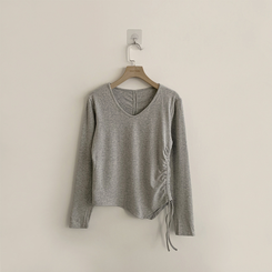 Vネックシアリングセミクロップ長袖Tシャツ