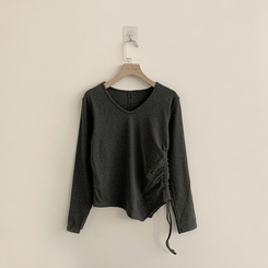 Vネックシアリングセミクロップ長袖Tシャツ