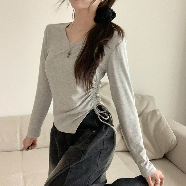 언발란스 여니 브이넥 셔링 겨울 봄 세미 크롭 무지 긴팔 티셔츠 데일리 슬림핏 기본티 그레이