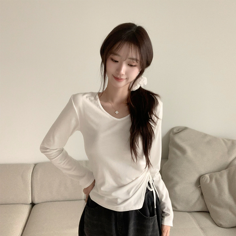 언발란스 여니 브이넥 셔링 겨울 봄 세미 크롭 무지 긴팔 티셔츠 데일리 슬림핏 기본티 화이트