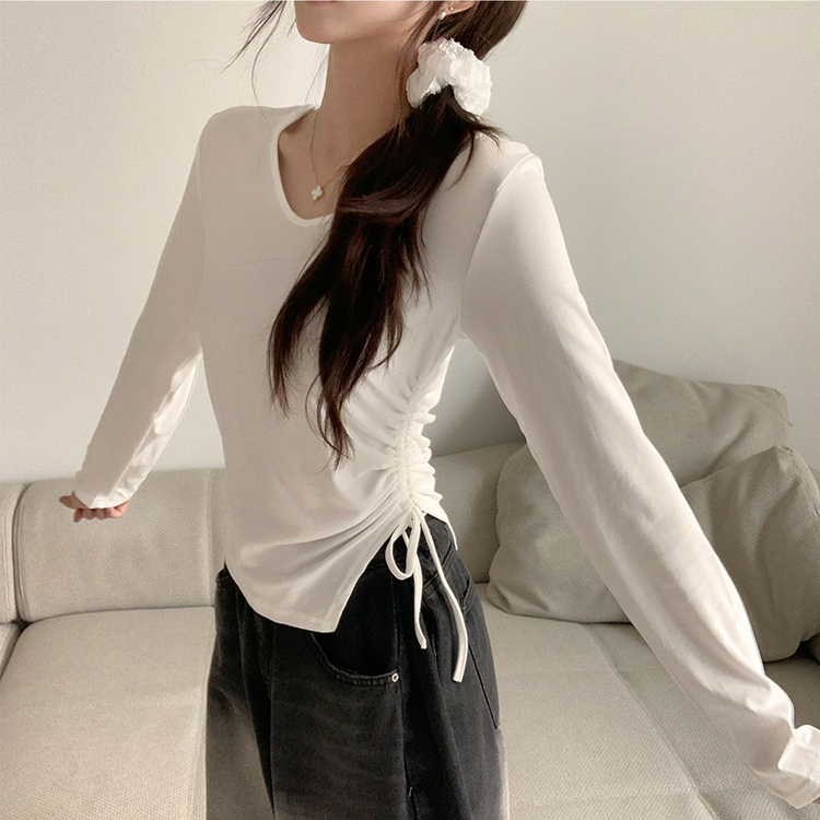 언발란스 여니 브이넥 셔링 겨울 봄 세미 크롭 무지 긴팔 티셔츠 데일리 슬림핏 기본티 화이트