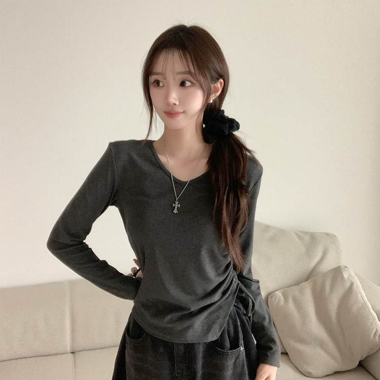 언발란스 여니 브이넥 셔링 겨울 봄 세미 크롭 무지 긴팔 티셔츠 데일리 슬림핏 기본티 차콜