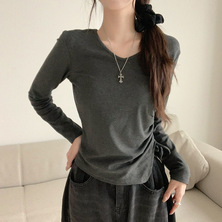 언발란스 여니 브이넥 셔링 겨울 봄 세미 크롭 무지 긴팔 티셔츠 데일리 슬림핏 기본티 차콜