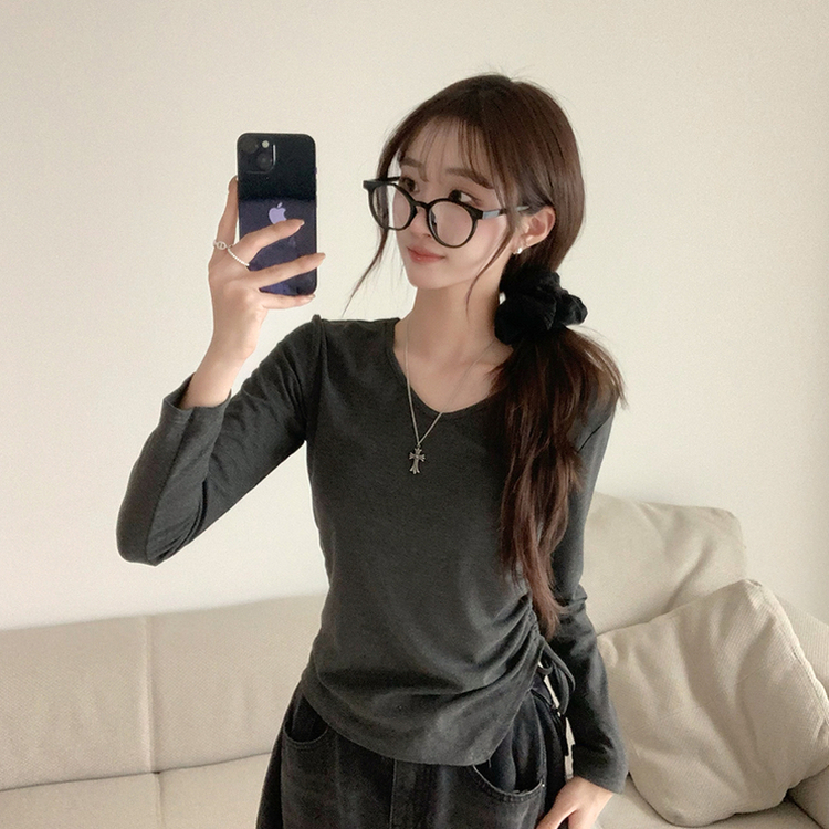 언발란스 여니 브이넥 셔링 겨울 봄 세미 크롭 무지 긴팔 티셔츠 데일리 슬림핏 기본티 차콜