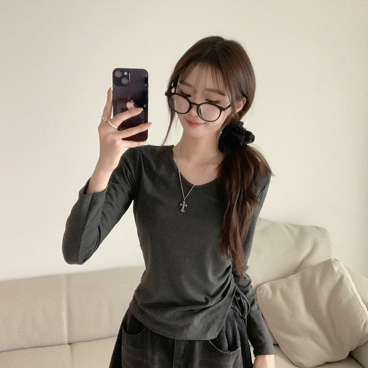 언발란스 여니 브이넥 셔링 겨울 봄 세미 크롭 무지 긴팔 티셔츠 데일리 슬림핏 기본티 차콜