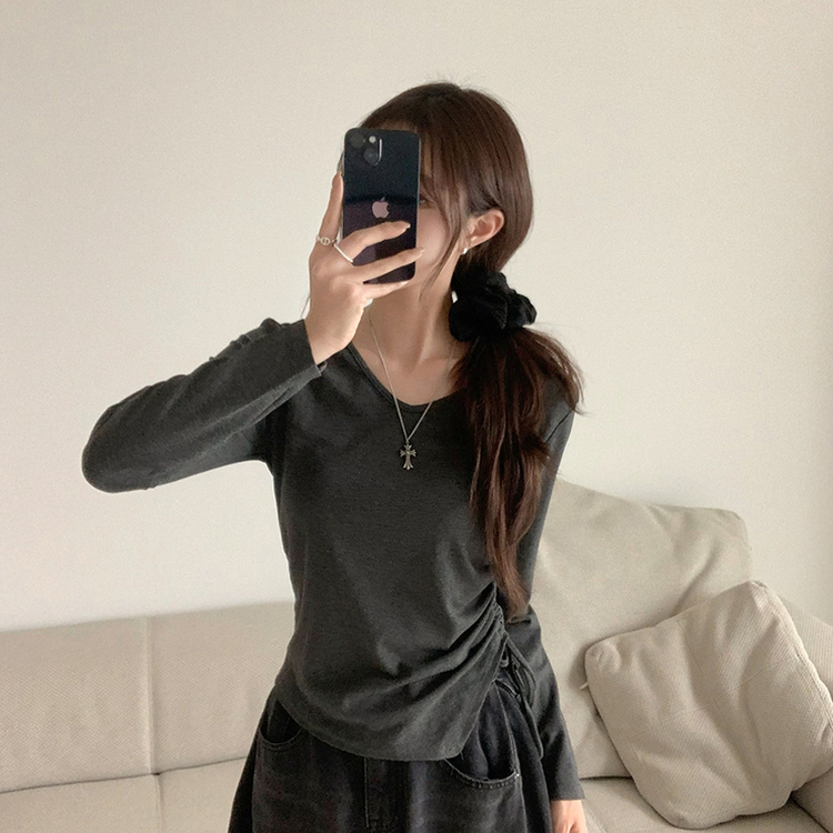 언발란스 여니 브이넥 셔링 겨울 봄 세미 크롭 무지 긴팔 티셔츠 데일리 슬림핏 기본티 차콜