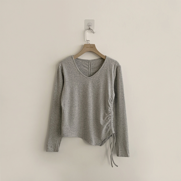 언발란스 여니 브이넥 셔링 겨울 봄 세미 크롭 무지 긴팔 티셔츠 데일리 슬림핏 기본티