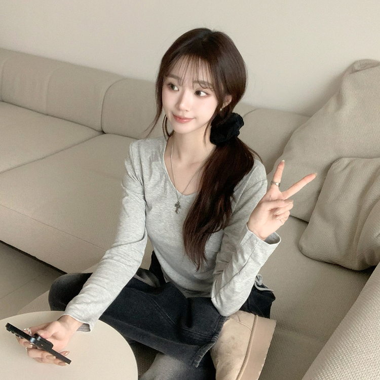 Vネックシアリングセミクロップ長袖Tシャツ GREY