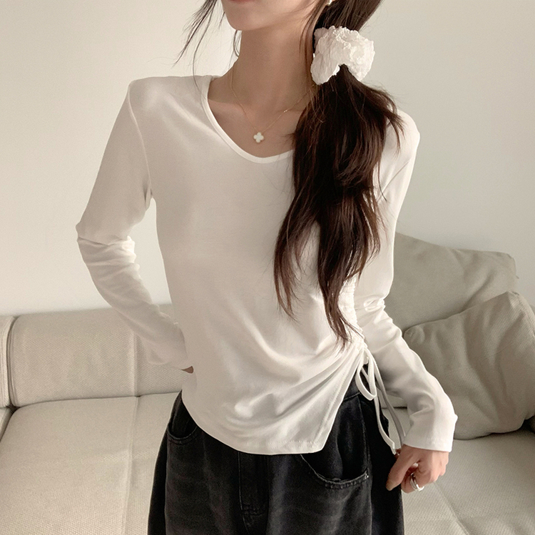 Vネックシアリングセミクロップ長袖Tシャツ WHITE