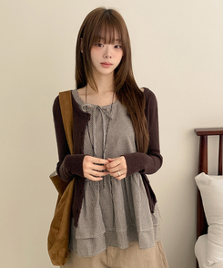 【SET】チェックリボンフリルキャミソール カーディガン BROWN