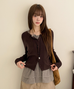 【SET】チェックリボンフリルキャミソール カーディガン BROWN