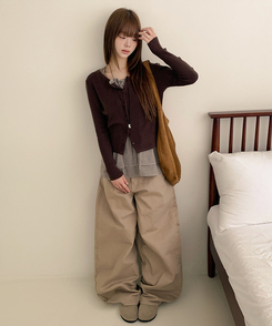 【SET】チェックリボンフリルキャミソール カーディガン BROWN