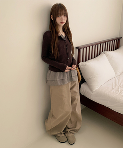 【SET】チェックリボンフリルキャミソール カーディガン BROWN